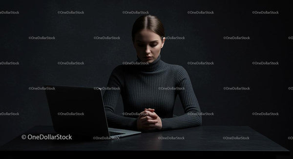 Focused Woman Working on Laptop in Dark Setting