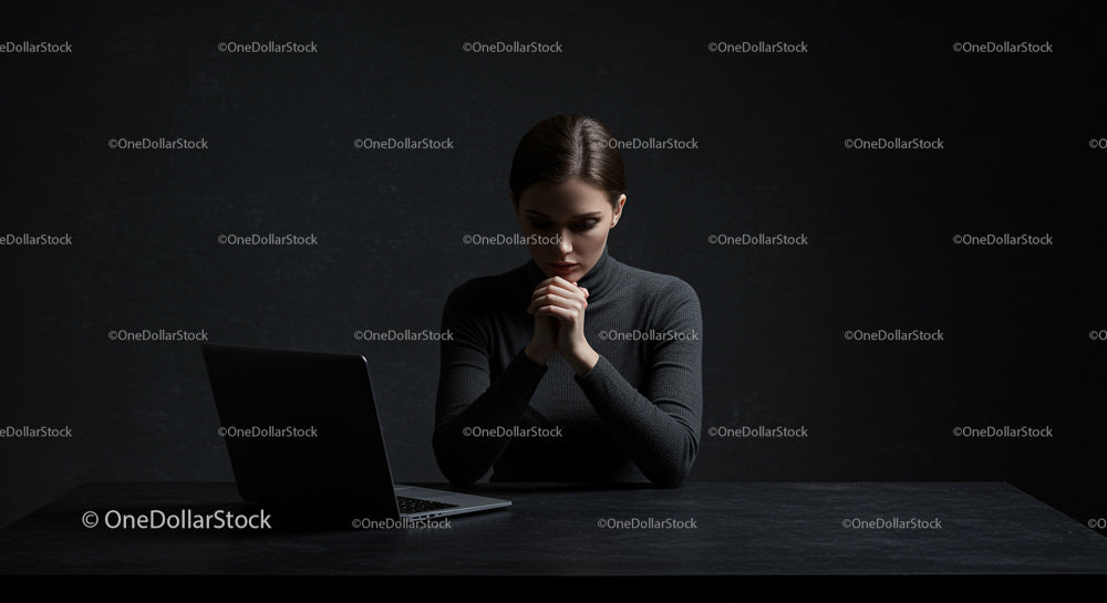 Pensive Woman Contemplating at Desk with Laptop