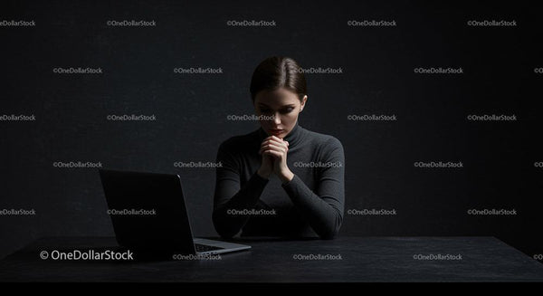 Pensive Woman Contemplating at Desk with Laptop