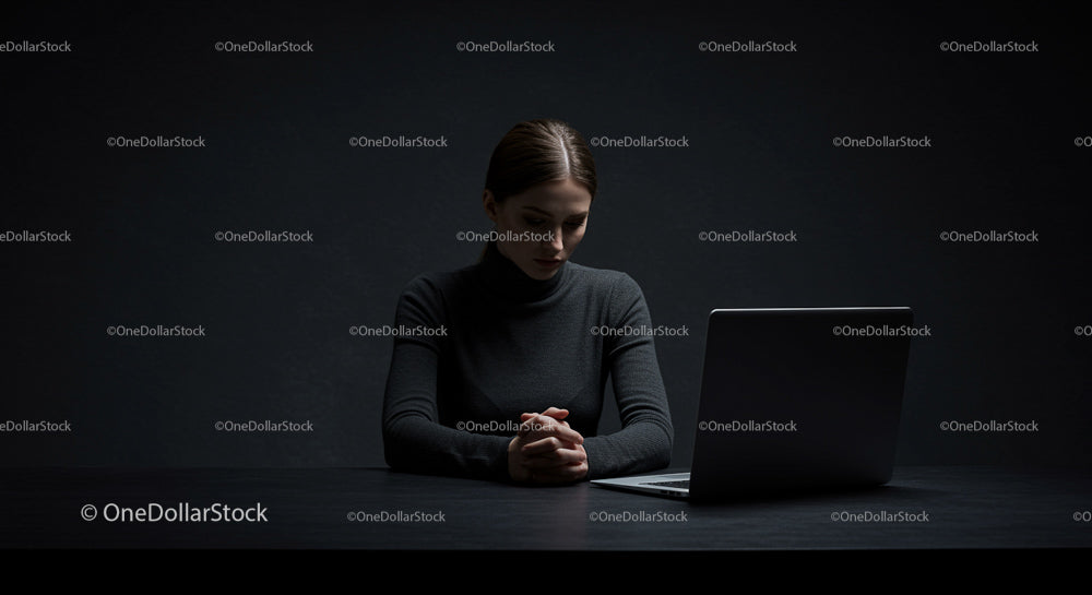 Contemplative Woman in Dark Workspace with Laptop