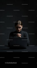 Thoughtful Woman Working on Laptop in Dark Room