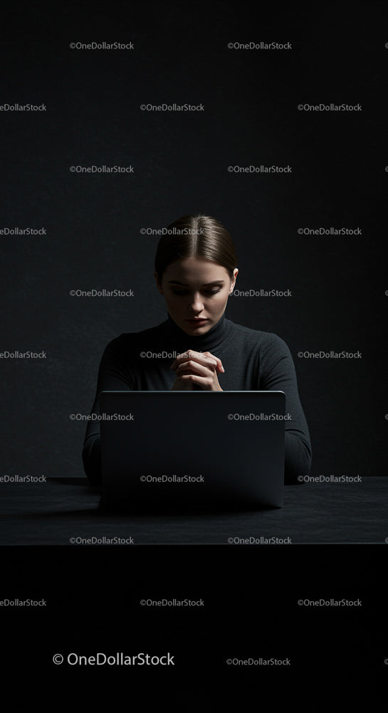 Thoughtful Woman Working on Laptop in Dark Room
