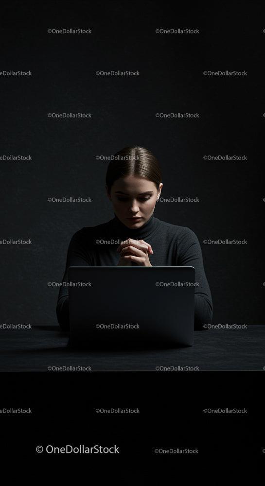 Zamysłowa kobieta pracująca na laptopie w ciemnym pokoju