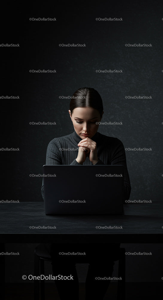 Woman in Deep Thought Working on Laptop in Dark Room