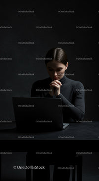 Thoughtful Woman in Dark Room with Laptop
