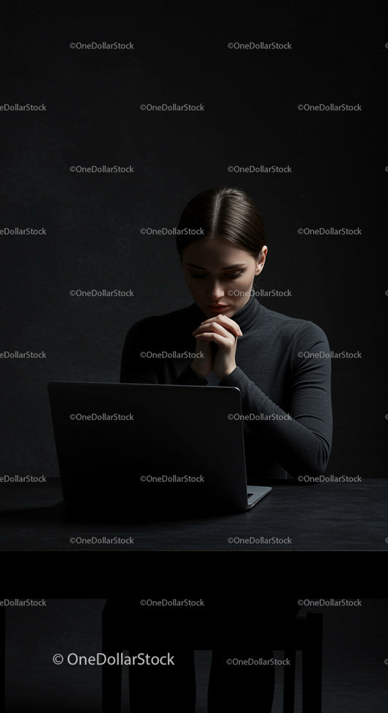 Thoughtful Woman in Dark Room with Laptop