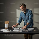 Businessman Planning with Documents and Coffee Packaging
