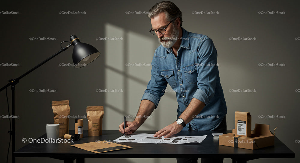 Man Designing Product Packaging in Home Workspace