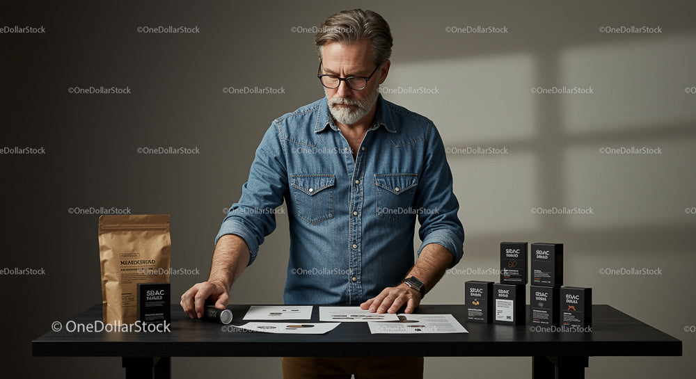 Mature Man Presenting Product Designs in Studio