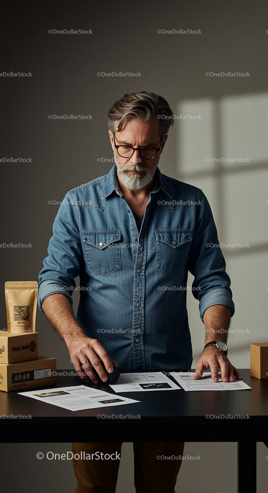 Mature Man in Denim Shirt Working with Coffee Packaging