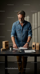 Middle-Aged Man in Denim Analyzing Coffee Product Design