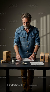 Middle-Aged Man in Denim Analyzing Coffee Product Design