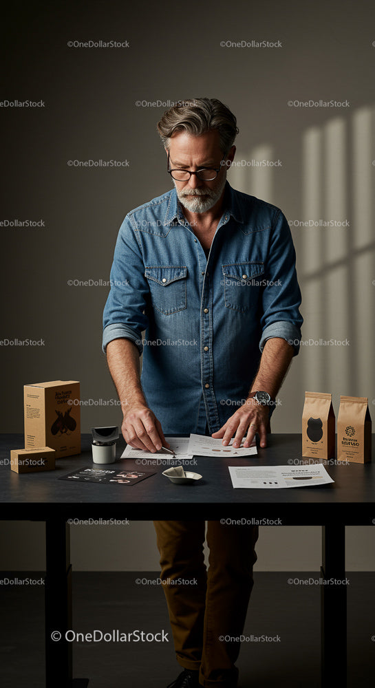 Middle-Aged Man in Denim Analyzing Coffee Product Design