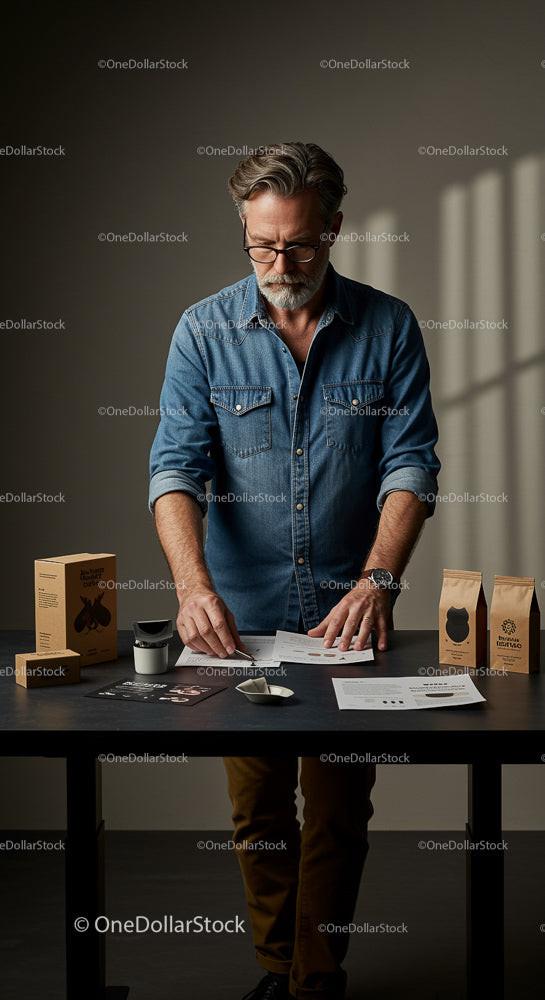 Middle-Aged Man in Denim Analyzing Coffee Product Design