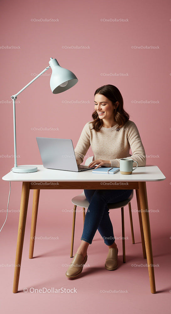 Woman Working on Laptop in a Modern Home Office
