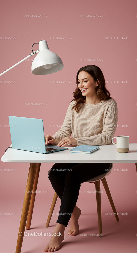 Smiling Woman Working Remotely in Cozy Home Office