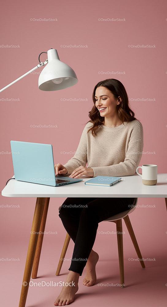 Smiling Woman Working Remotely in Cozy Home Office