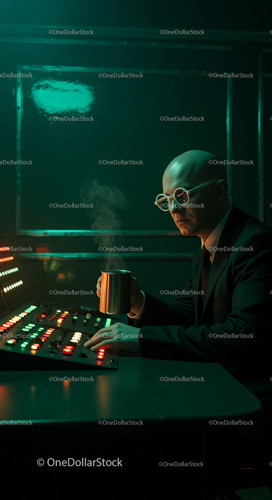 Man in Suit Operating Futuristic Control Panel