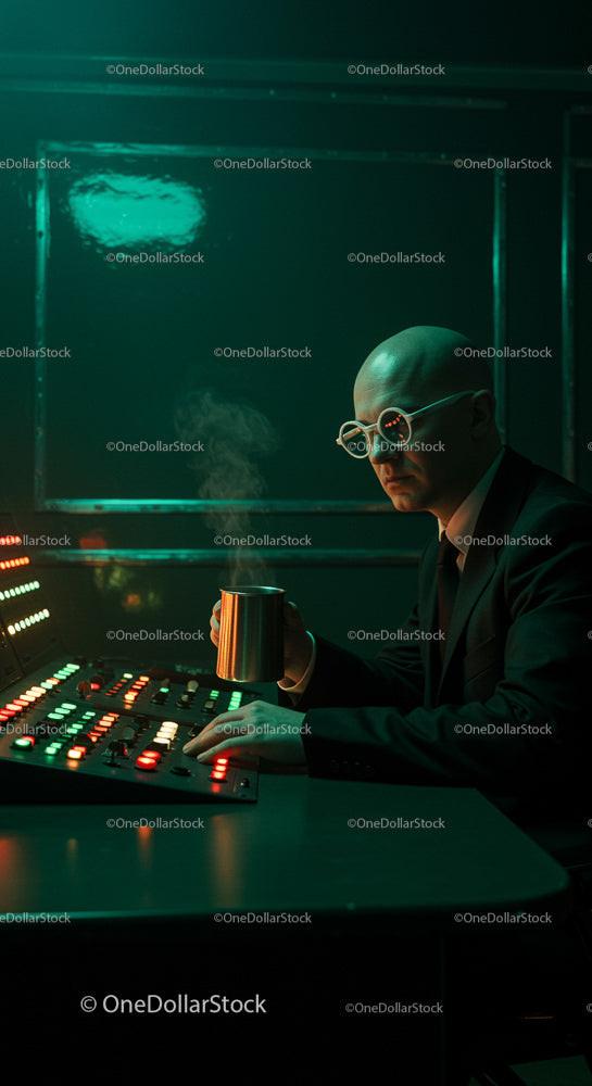 Man in Suit Operating Futuristic Control Panel