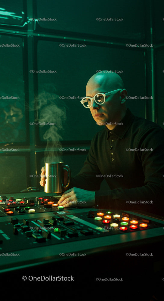 Focused Sound Engineer in Control Room with Hot Drink