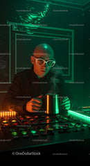 Engineer in a Futuristic Control Room with Steam Mug