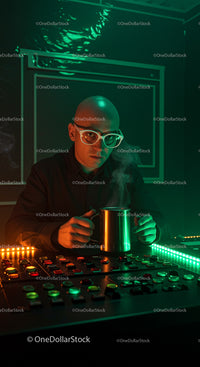 Engineer in a Futuristic Control Room with Steam Mug
