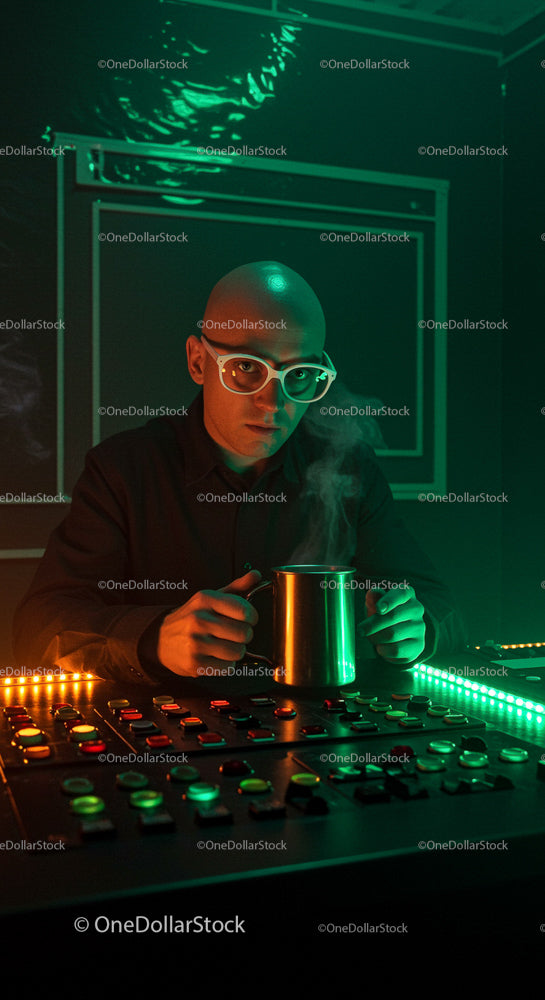 Engineer in a Futuristic Control Room with Steam Mug