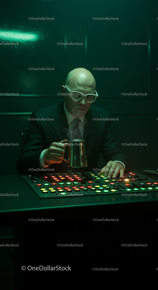 Bald Man in a Retro-Style Office with Control Panel