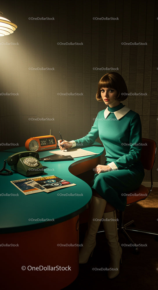 Stylish Woman in Retro Office Setting with Teal Dress