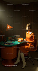Woman in Orange Dress with Rotary Phone in Retro Office