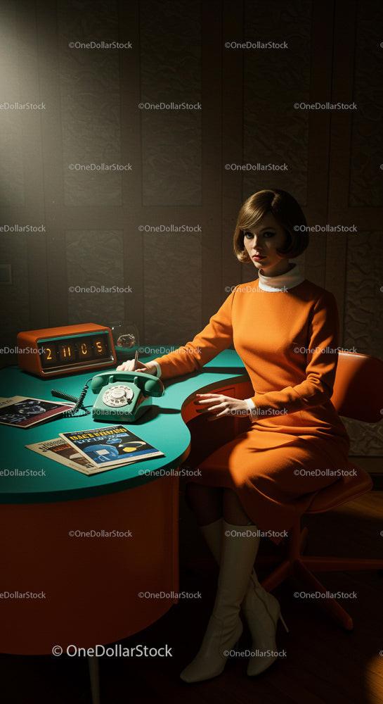 Stylish Woman in Retro 1960s Office Setting