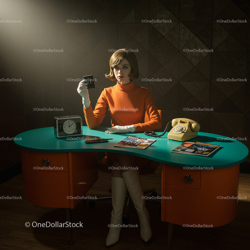 Retro Office with Stylish Woman in Orange Dress