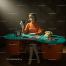 Retro Office with Stylish Woman in Orange Dress