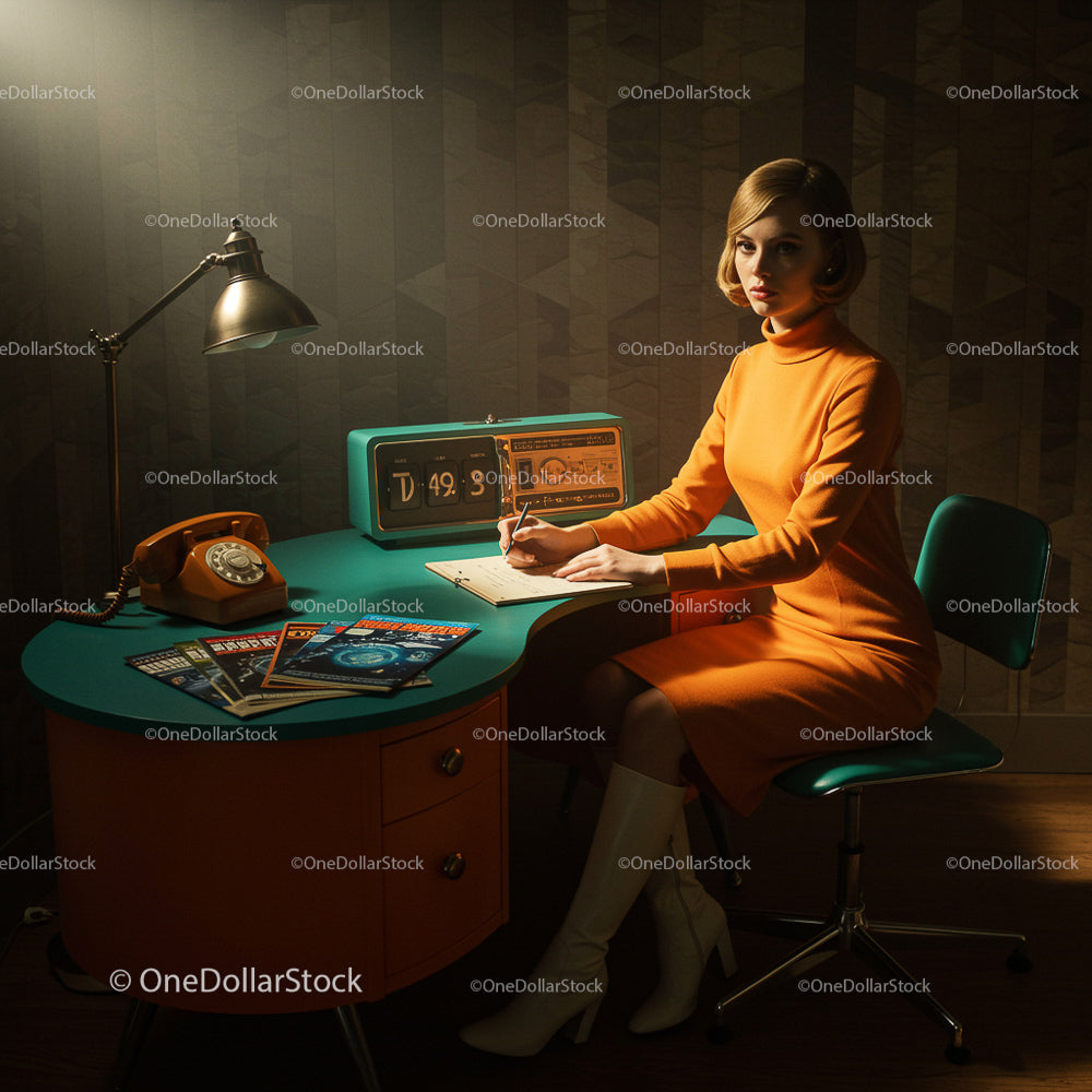 Woman in Orange Dress in 1960s Retro Office Setting