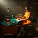 Woman in Orange Dress in 1960s Retro Office Setting