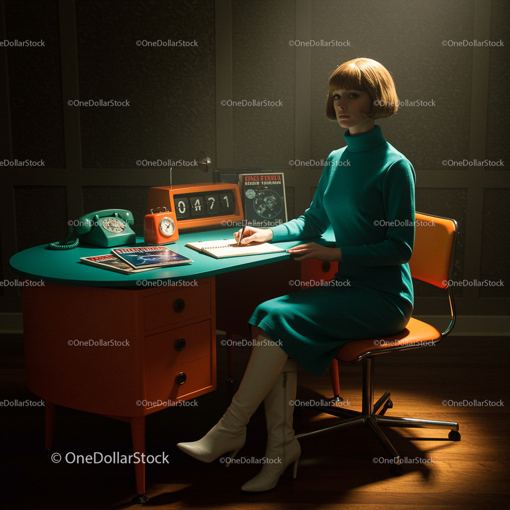 Woman in Teal Dress Writing at Retro Orange Desk