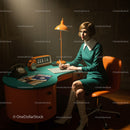 Retro-Style Woman in Teal Dress at Vintage Office Desk