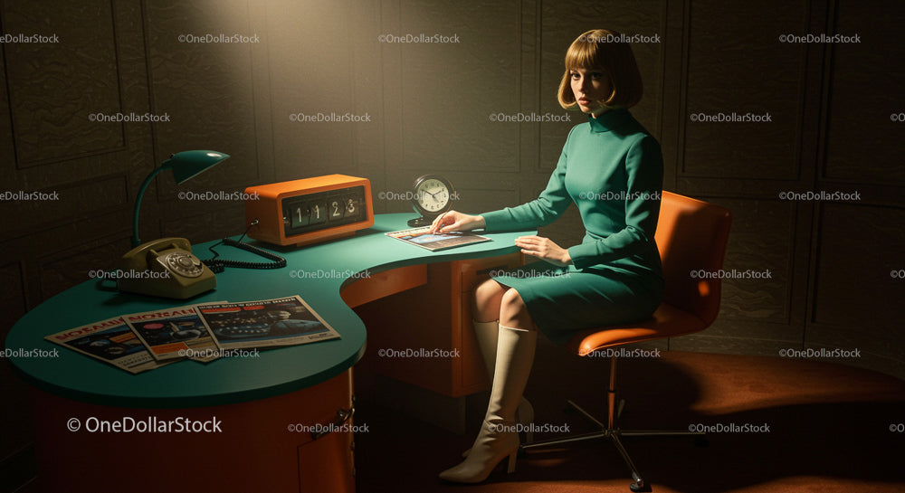Retro Mid-Century Modern Office with Woman at Desk