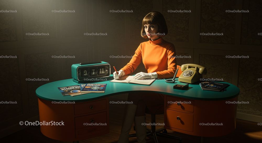 Retro Lady in Orange Dress Working at Vintage Desk
