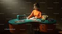 Retro Lady in Orange Dress Working at Vintage Desk