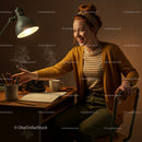 Smiling Woman Sketching at Cozy Home Office