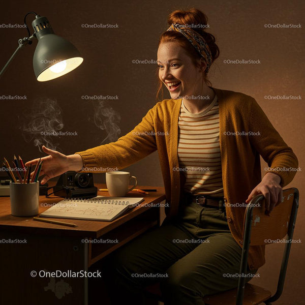 Smiling Woman Sketching at Cozy Home Office