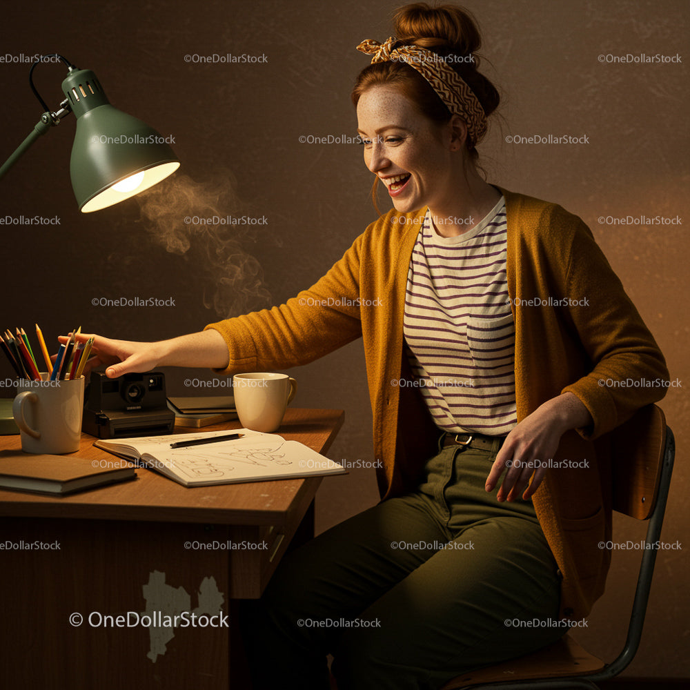 Young Woman Enjoying Creative Time at Home Desk
