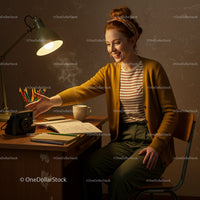 Smiling Woman in Cozy Workspace with Vintage Camera