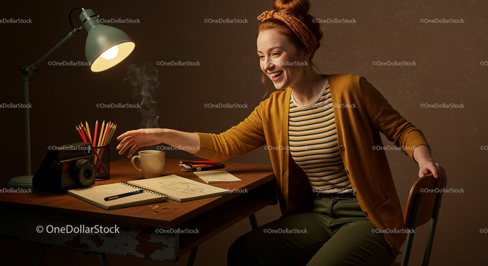 Smiling Woman Sketching in Warm, Cozy Workspace