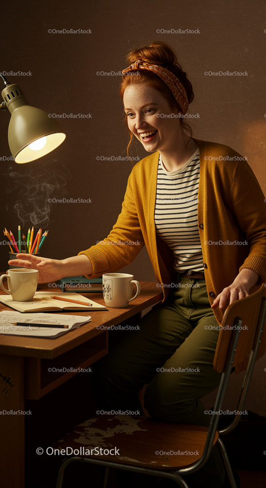 Smiling Woman Working in Cozy Home Office with Coffee