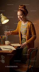 Smiling Woman in Cozy Home Office with Warm Lighting