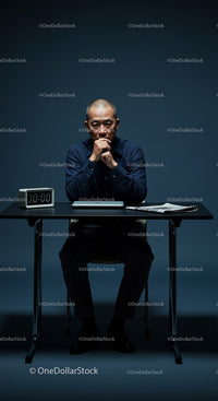 Contemplative Businessman at Desk with Digital Clock