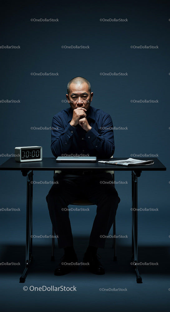 Contemplative Businessman at Desk with Digital Clock