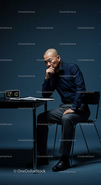 Businessman in Deep Thought at Office Desk with Clock